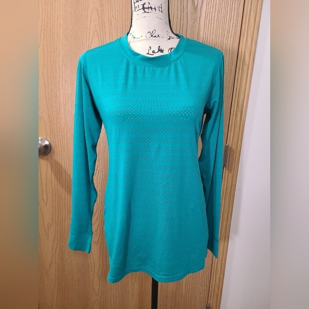 Zyia Active Teal Mesh Striped Long Sleeved Athletic Top